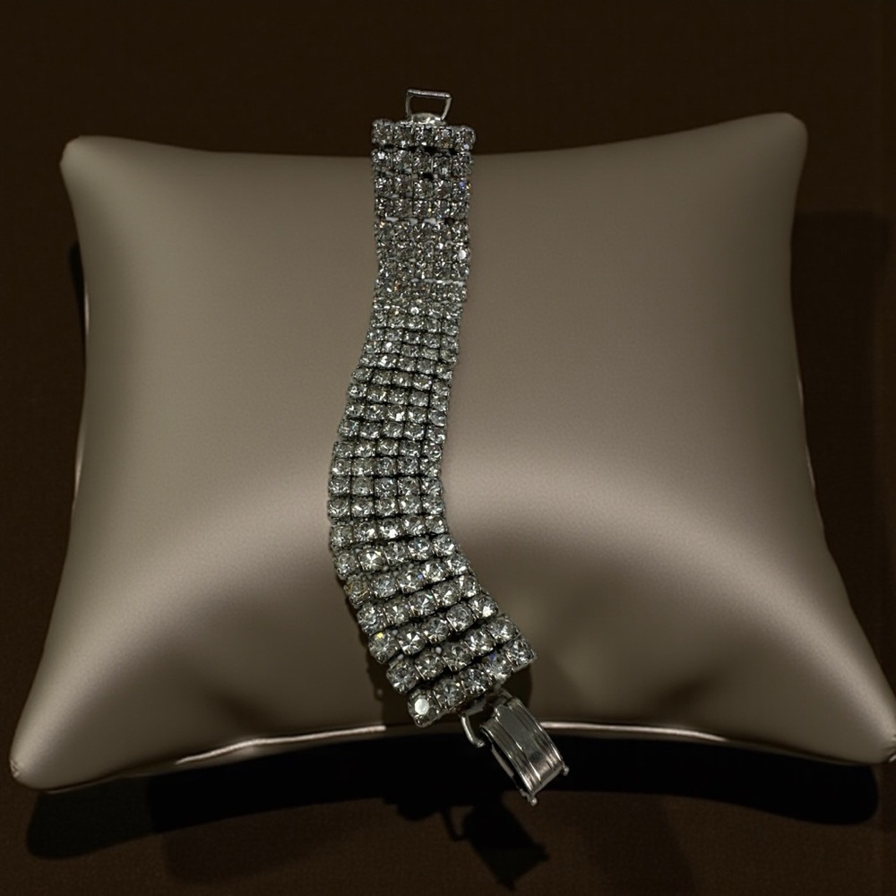 Vintage 5 Strand Clear Rhinestone 3/4” Wide 6 3/4” Long Bracelet